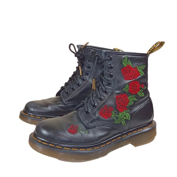Dr. Martens 1460 Vonda Boots Womens 6 Black Leather Roses Floral Combat Grunge - Picture 1 of 5